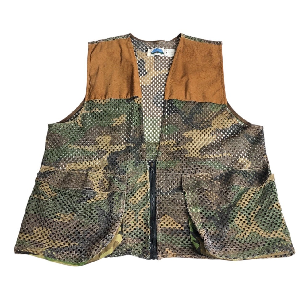 Vintage Gary Nesse Camo Vest Mens XL Half Zip Faux Suede Shoulder Hunting Pocket